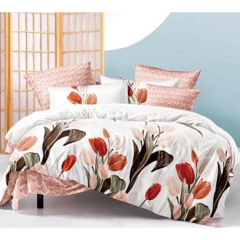 Pościel 200x220 Bawełna satynowa biała w tulipany PK513